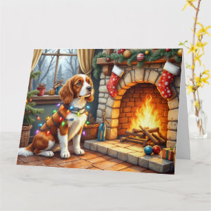 Brittany Spaniel Fireplace with Christmas Lights Card