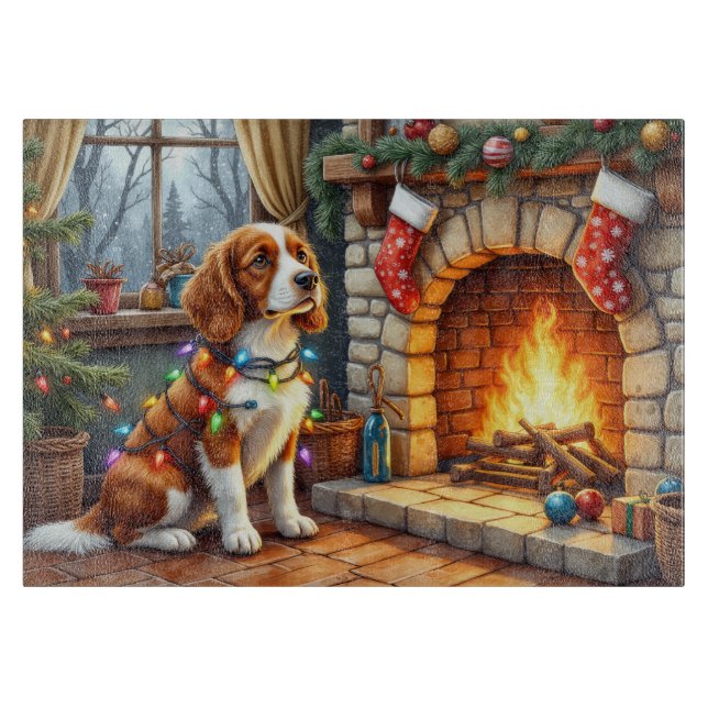Brittany Spaniel Fireplace with Christmas Lights Cutting Board (Front)