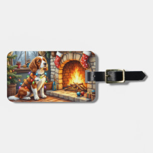 Brittany Spaniel Fireplace with Christmas Lights Luggage Tag