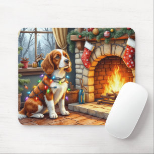 Brittany Spaniel Fireplace with Christmas Lights Mouse Pad