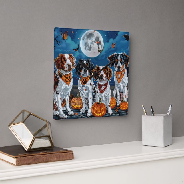 Brittany Spaniel Halloween Spooky Square Wall Clock (Office)