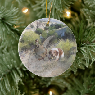 Brittany Spaniel hunting chukar partridge, Art  Ceramic Tree Decoration