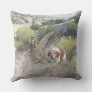 Brittany Spaniel hunting chukar partridge, Art Cushion