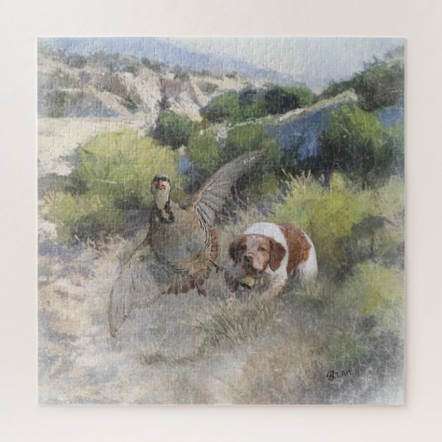Brittany Spaniel hunting chukar partridge, Art  Jigsaw Puzzle (Vertical)