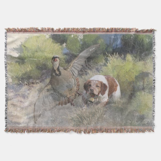Brittany Spaniel hunting chukar partridge, Art  Throw Blanket (Front)