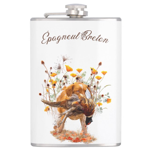 Brittany Spaniel, Hunting Pheasant Coffee Mug Hip Flask (Front)