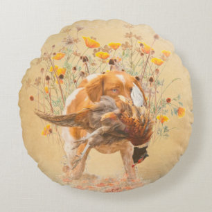 Brittany Spaniel, Hunting Pheasant Coffee Mug T-Sh Round Cushion