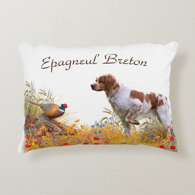 Brittany Spaniel, Hunting Pheasant  Decorative Cushion (Front)