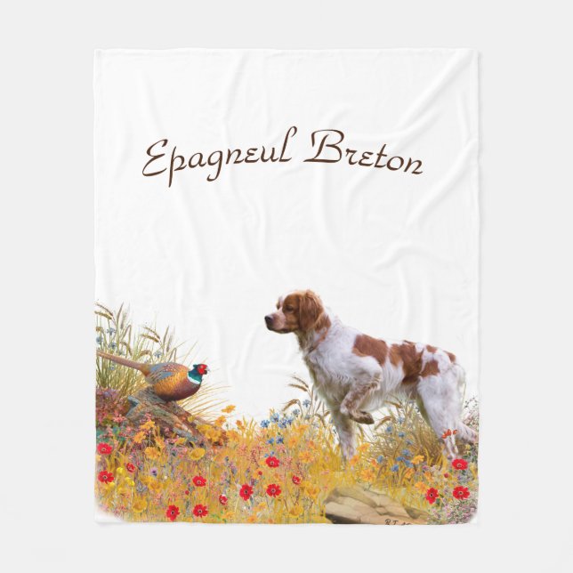 Brittany Spaniel, Hunting Pheasant  Fleece Blanket (Front)