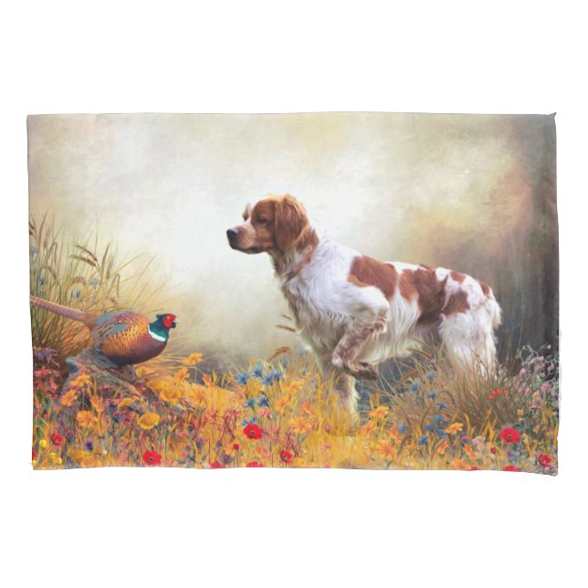 Brittany Spaniel, Hunting Pheasant     Pillowcase (Front)