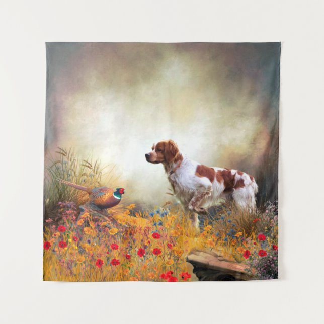 Brittany Spaniel, Hunting Pheasant    Tapestry (Front)