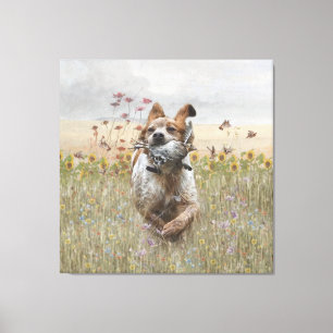 Brittany Spaniel hunting quail , Art   Canvas Print