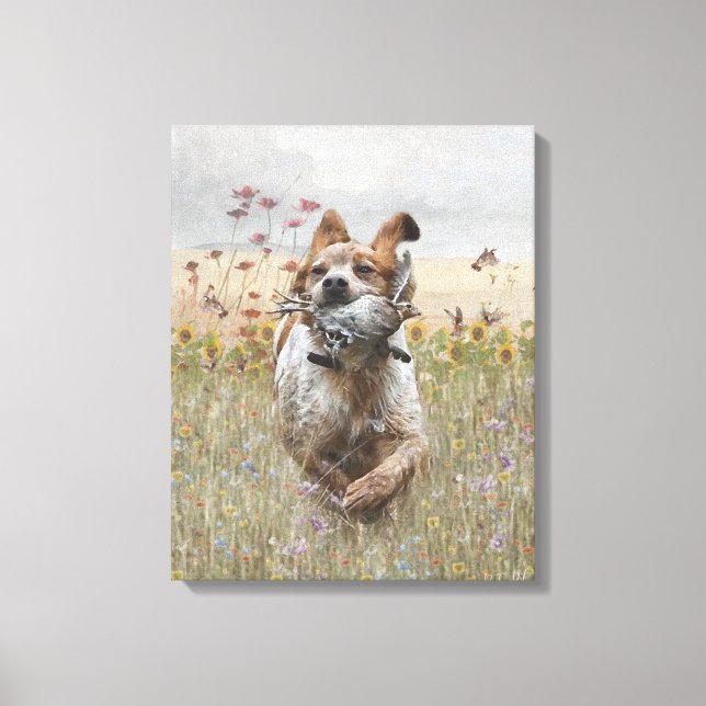 Brittany Spaniel hunting quail , Art   Canvas Print (Front)