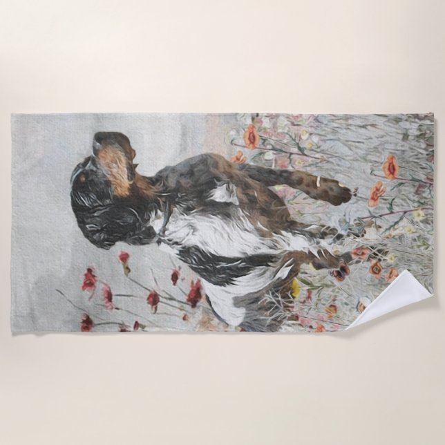 Brittany Spaniel hunts in the field      Beach Towel (Front)