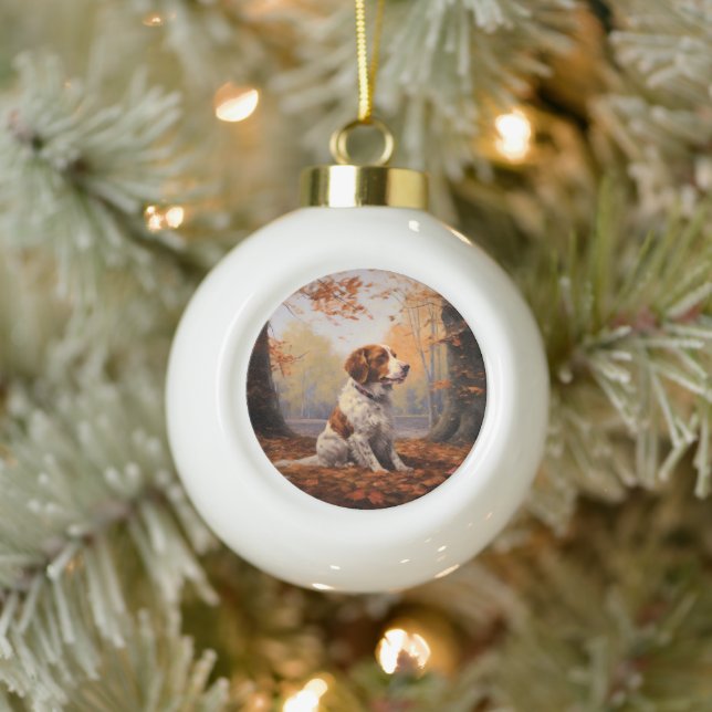 Brittany Spaniel in Autumn Leaves Fall Inspire  Ceramic Ball Christmas Ornament (Tree)
