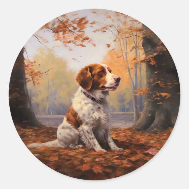 Brittany Spaniel in Autumn Leaves Fall Inspire  Classic Round Sticker (Front)