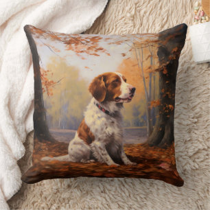 Brittany Spaniel in Autumn Leaves Fall Inspire  Cushion