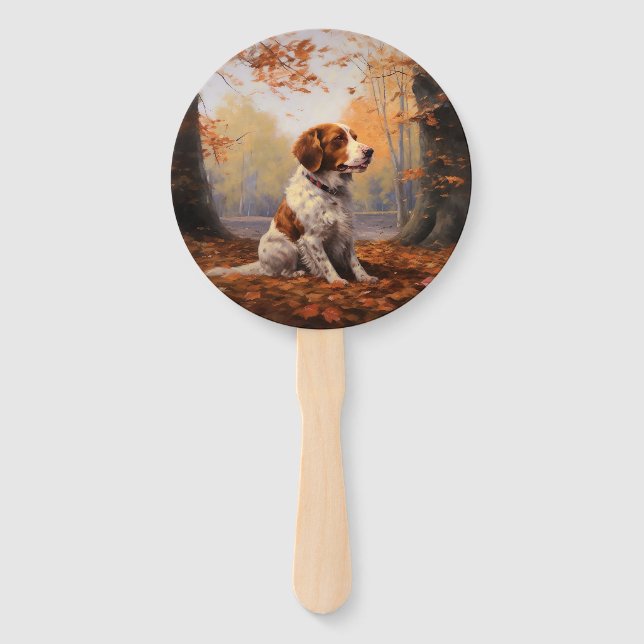 Brittany Spaniel in Autumn Leaves Fall Inspire  Hand Fan (Front)