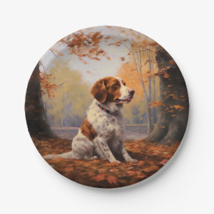 Brittany Spaniel in Autumn Leaves Fall Inspire Paper Plate