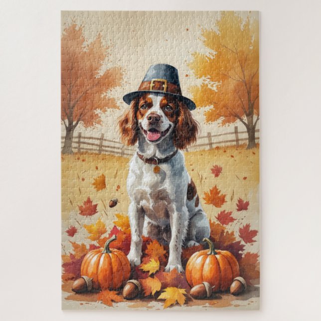 Brittany Spaniel In Autumn Leaves Thanksgiving Art Jigsaw Puzzle (Vertical)