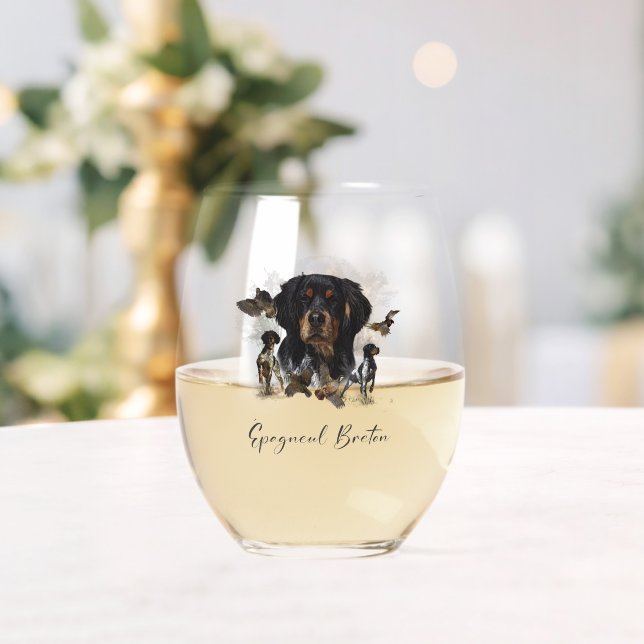 Brittany Spaniel , Passion for Birds Stemless Wine Glass (Insitu (Wedding))