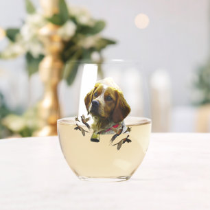 Brittany Spaniel , Passion for Birds Stemless Wine Glass