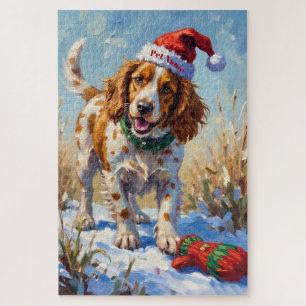 Brittany Spaniel Pointing at Santa's Glove Hat Jigsaw Puzzle