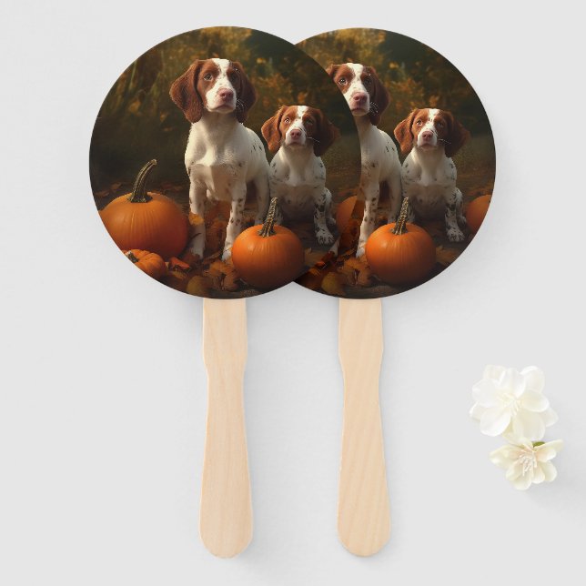 Brittany Spaniel Puppy Autumn Delight Pumpkin  Hand Fan (Front and Back)