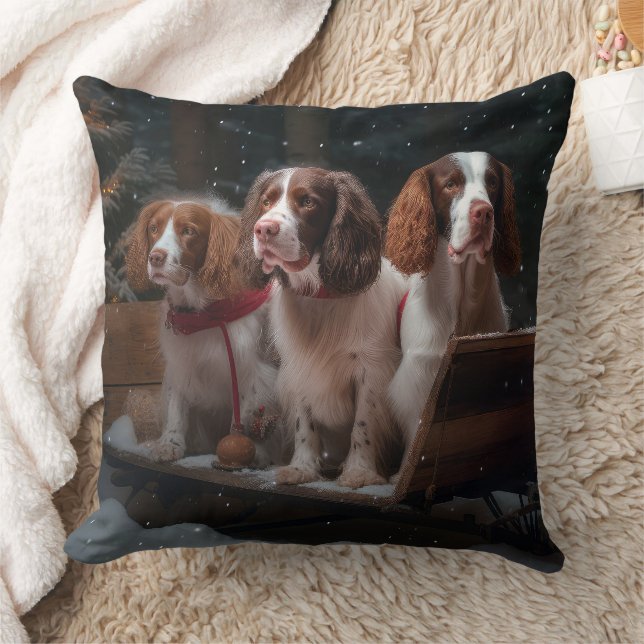 Brittany Spaniel Snowy Sleigh Christmas Decor  Cushion (Blanket)