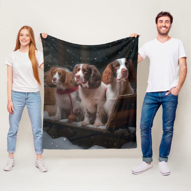 Brittany Spaniel Snowy Sleigh Christmas Decor   Fleece Blanket (In Situ)