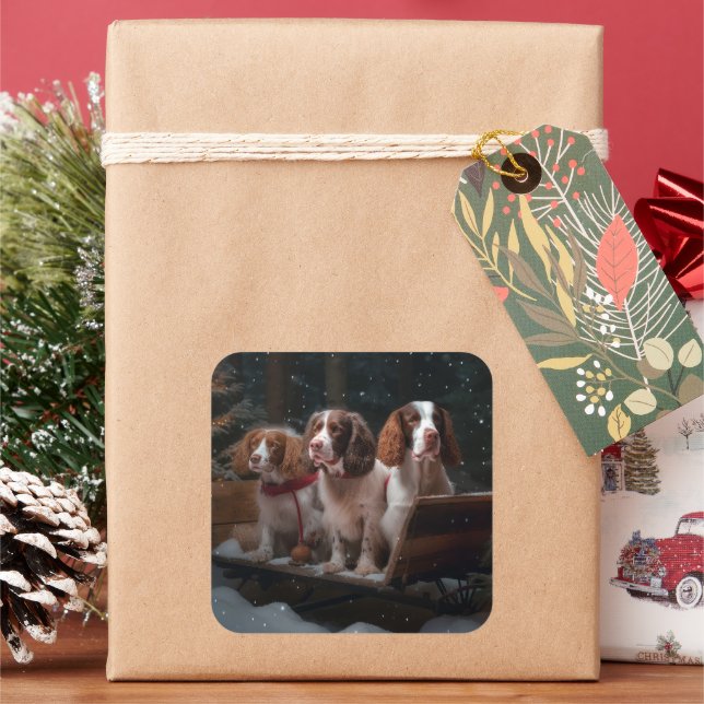 Brittany Spaniel Snowy Sleigh Christmas Decor   Square Sticker (Holiday)