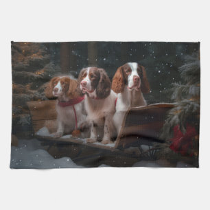 Brittany Spaniel Snowy Sleigh Christmas Decor Tea Towel