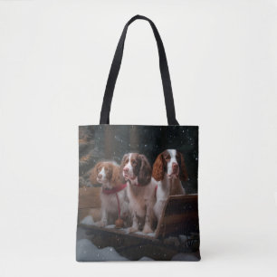 Brittany Spaniel Snowy Sleigh Christmas Decor Tote Bag