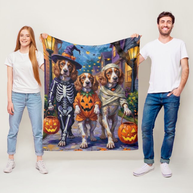 Brittany Spaniel Trick-or-Treating In Halloween  Fleece Blanket (In Situ)
