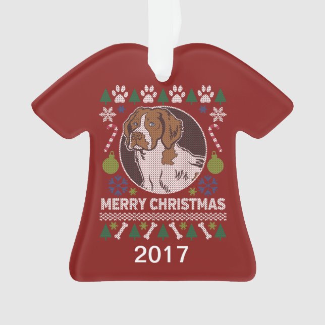 Brittany Spaniel Ugly Christmas Sweater Ornament (Front)