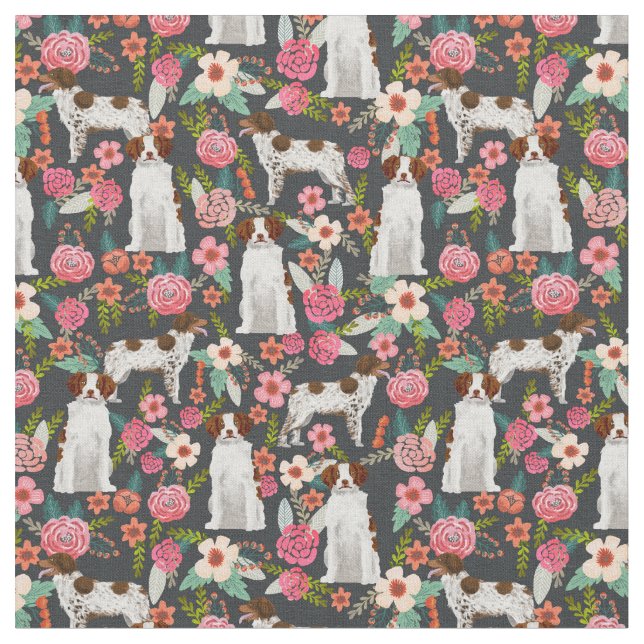 Brittany Spaniel vintage florals dark Fabric (Close Up)