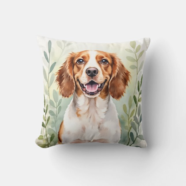 Brittany Spaniel Watercolor Leaf Pattern Art Cushion (Front)