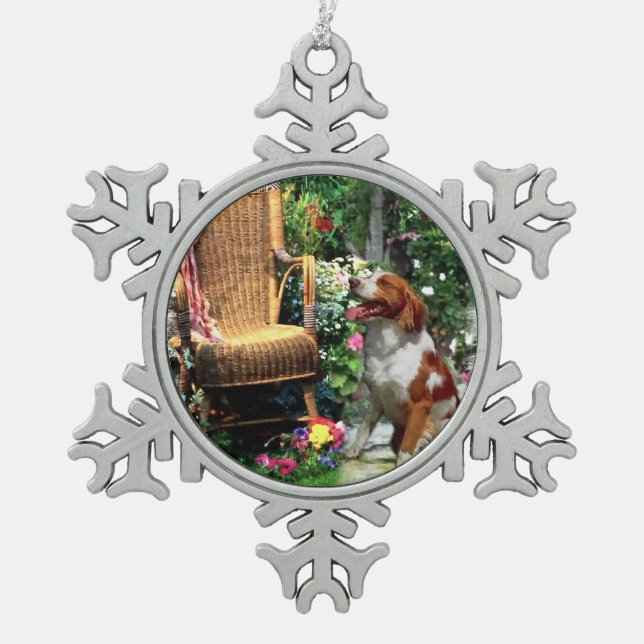 Brittany Spaniel Where Love Grows Snowflake Pewter Christmas Ornament (Front)