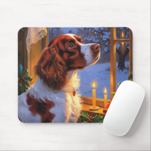 Brittany Spaniel with Christmas Lights Holiday Mouse Pad