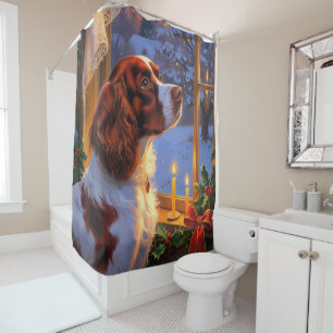 Brittany Spaniel with Christmas Lights Holiday Shower Curtain
