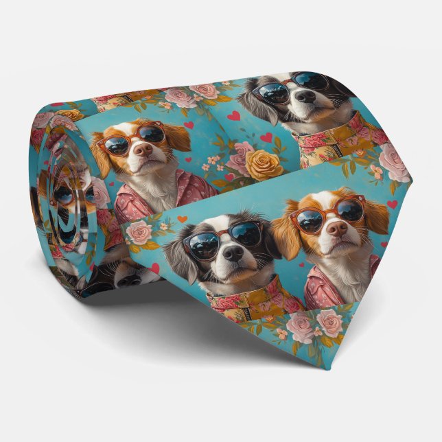 Brittany Spaniel With Heart Roses Valentine's Day  Tie (Rolled)