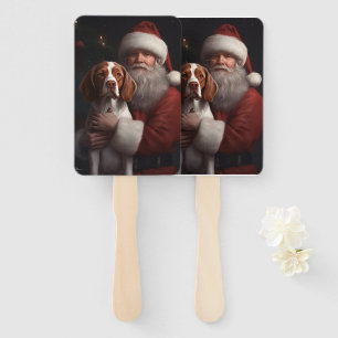 Brittany Spaniel With Santa Claus Christmas Hand Fan