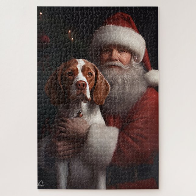 Brittany Spaniel With Santa Claus Christmas Jigsaw Puzzle (Vertical)