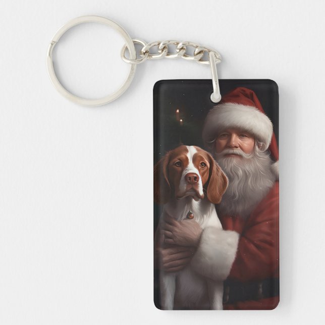 Brittany Spaniel With Santa Claus Christmas Key Ring (Front)