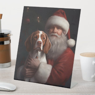 Brittany Spaniel With Santa Claus Christmas Pedestal Sign