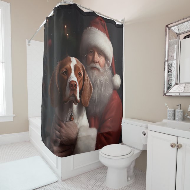 Brittany Spaniel With Santa Claus Christmas Shower Curtain (In Situ)