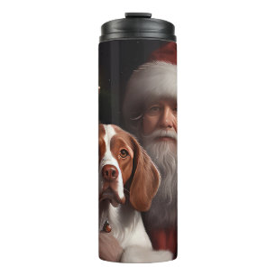 Brittany Spaniel With Santa Claus Christmas Thermal Tumbler