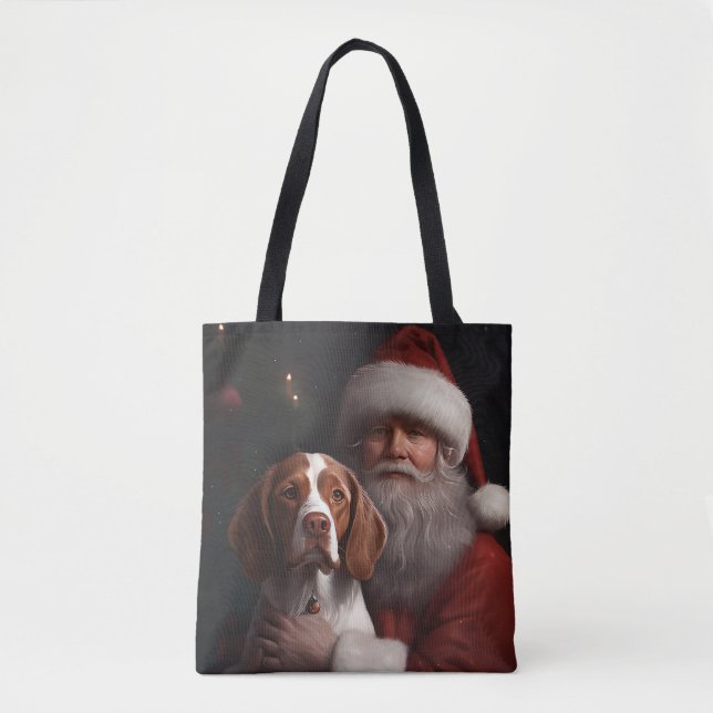 Brittany Spaniel With Santa Claus Christmas Tote Bag (Front)