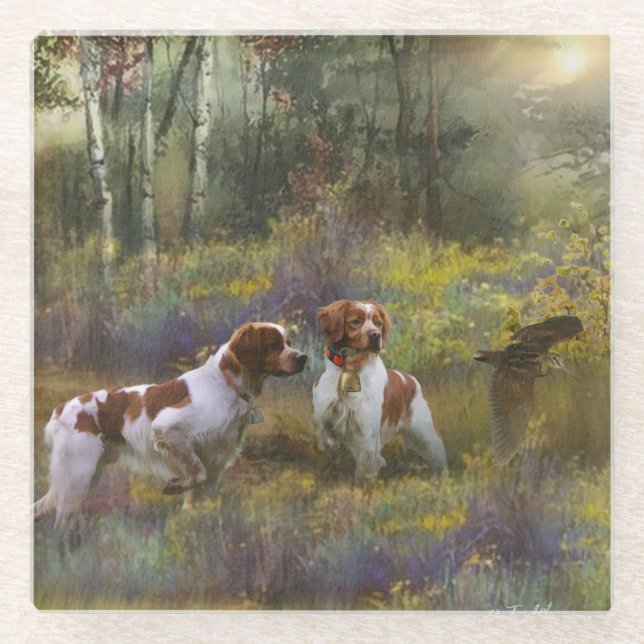 Brittany Spaniels,  Woodcock Hunting , Art  Glass Coaster (Front)