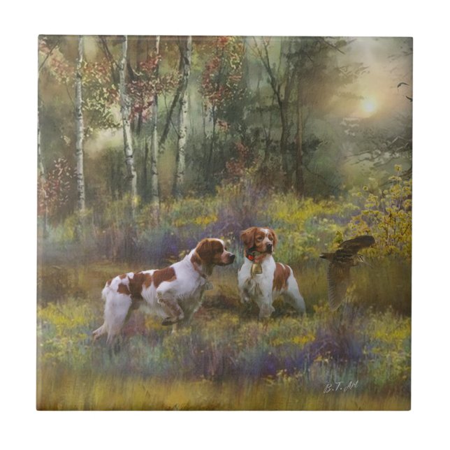 Brittany Spaniels,  Woodcock Hunting , Art  Tile (Front)